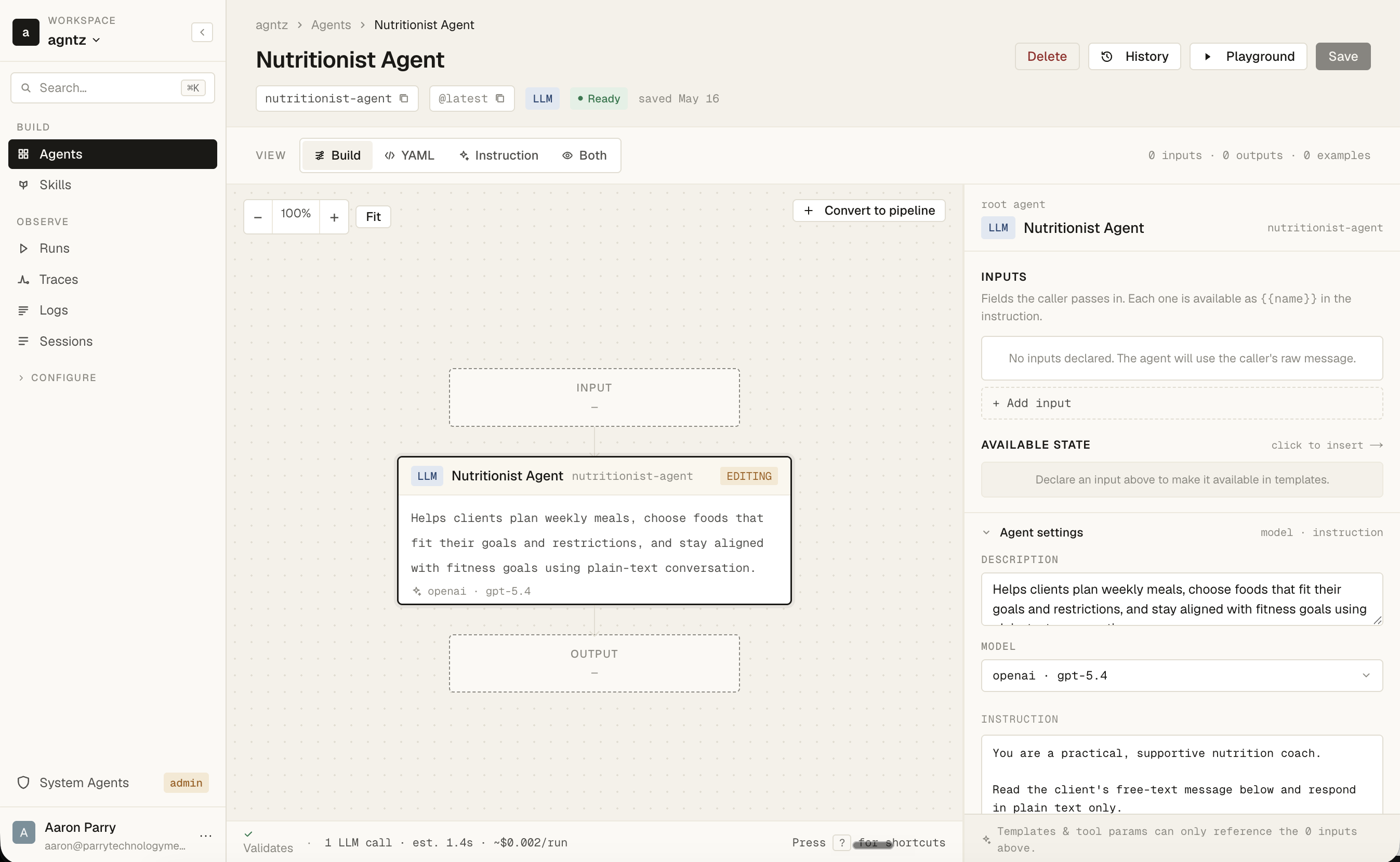 agntz.co agent builder showing the Nutritionist Agent in the Build view